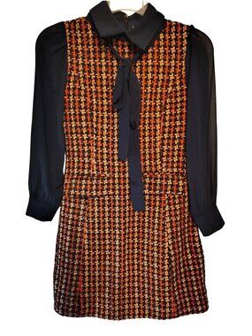 JTNY U Vtg. Tweed Twiggy Style Medium Short Dress, Navy Blue Orange Long Sleeve